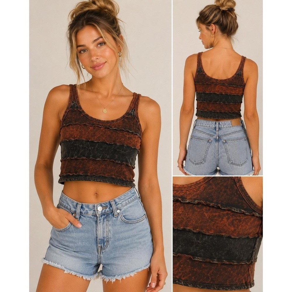 The Little Bazaar Brown Mineral Wash Tiered Ruffle Crop Tank Top Large NWT Nepal